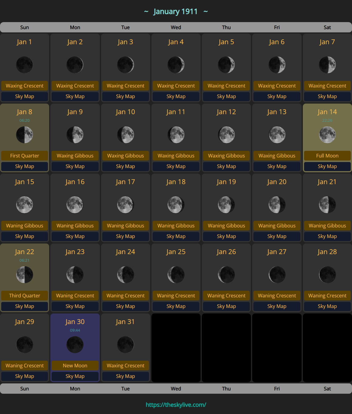 Moon Calendar: January 1911 | TheSkyLive