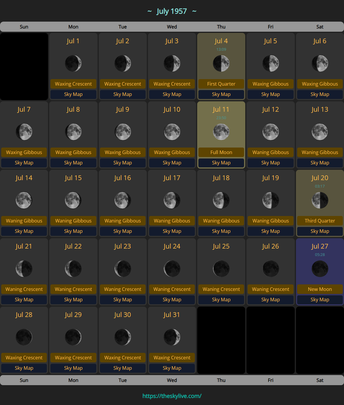 Moon Calendar: July 1957 | TheSkyLive
