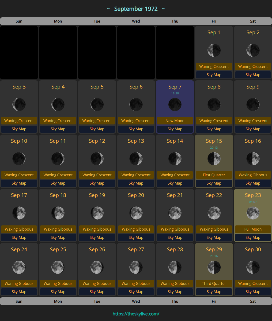 moon ページ Moon Calendar: September 1972 | TheSkyLive
