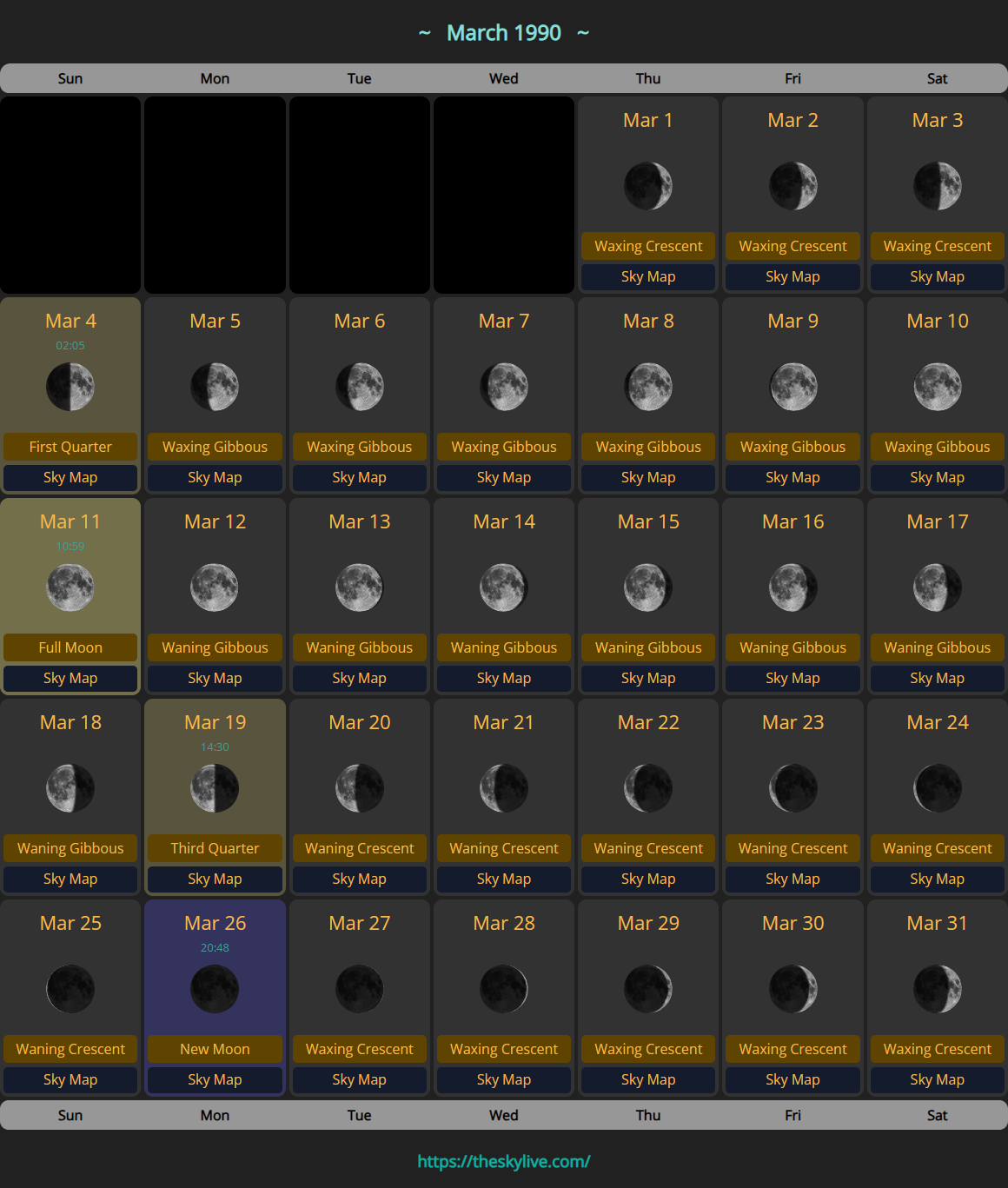 Moon Calendar: March 1990 | TheSkyLive