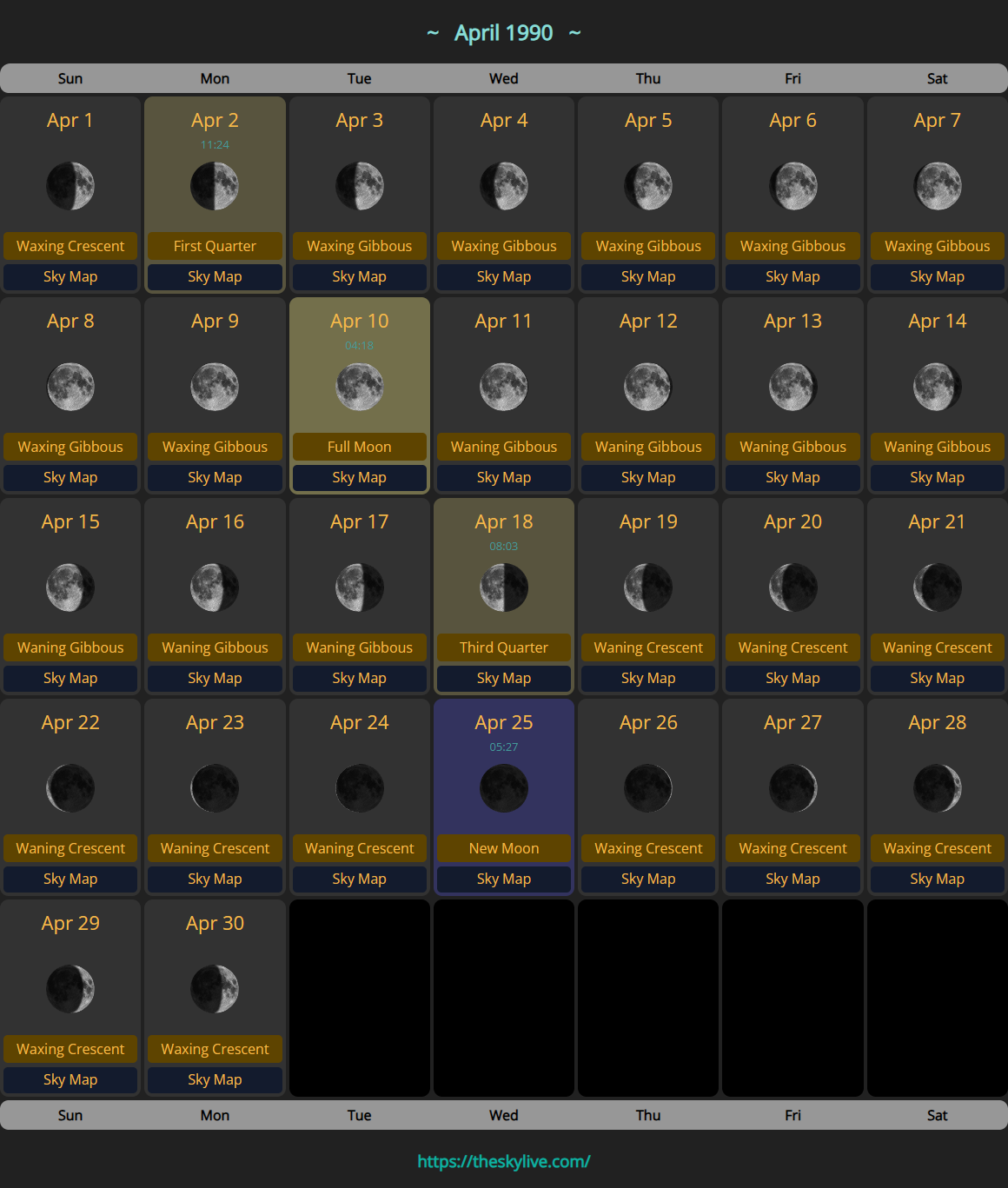 Moon Calendar: April 1990 | TheSkyLive