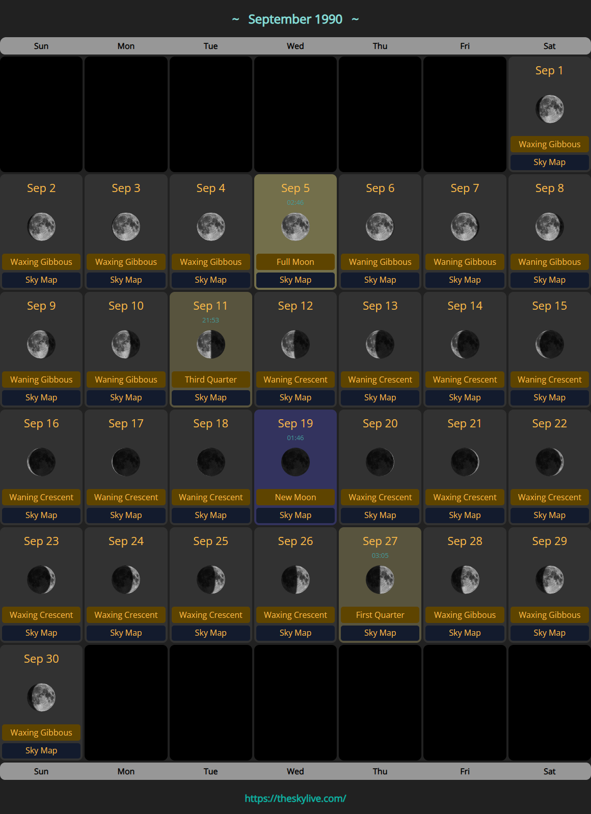 Moon Calendar: September 1990 | TheSkyLive