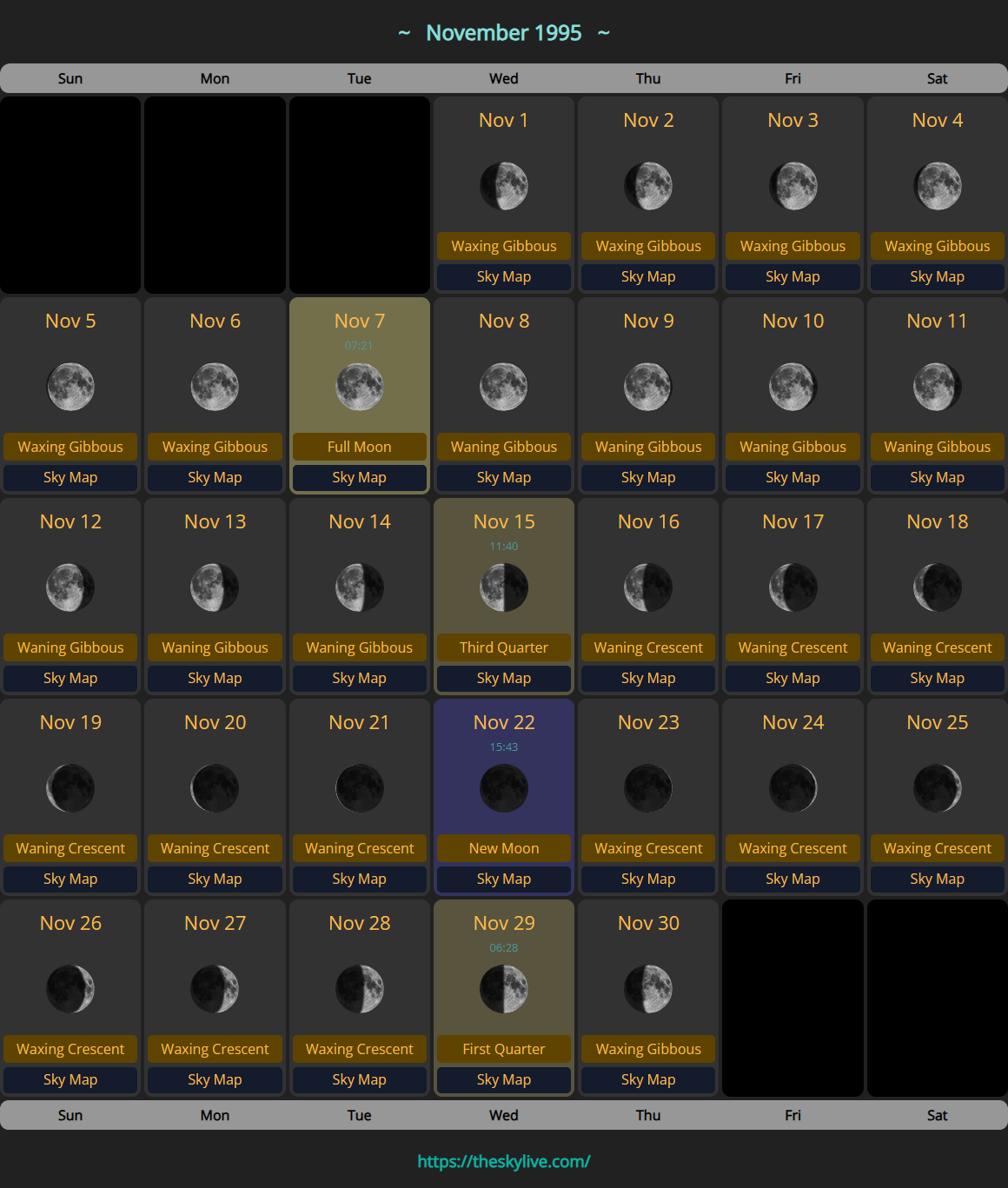 Moon Calendar: November 1995 | TheSkyLive