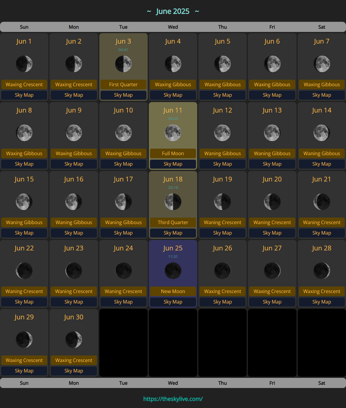 Moon Calendar: June 2025 | TheSkyLive