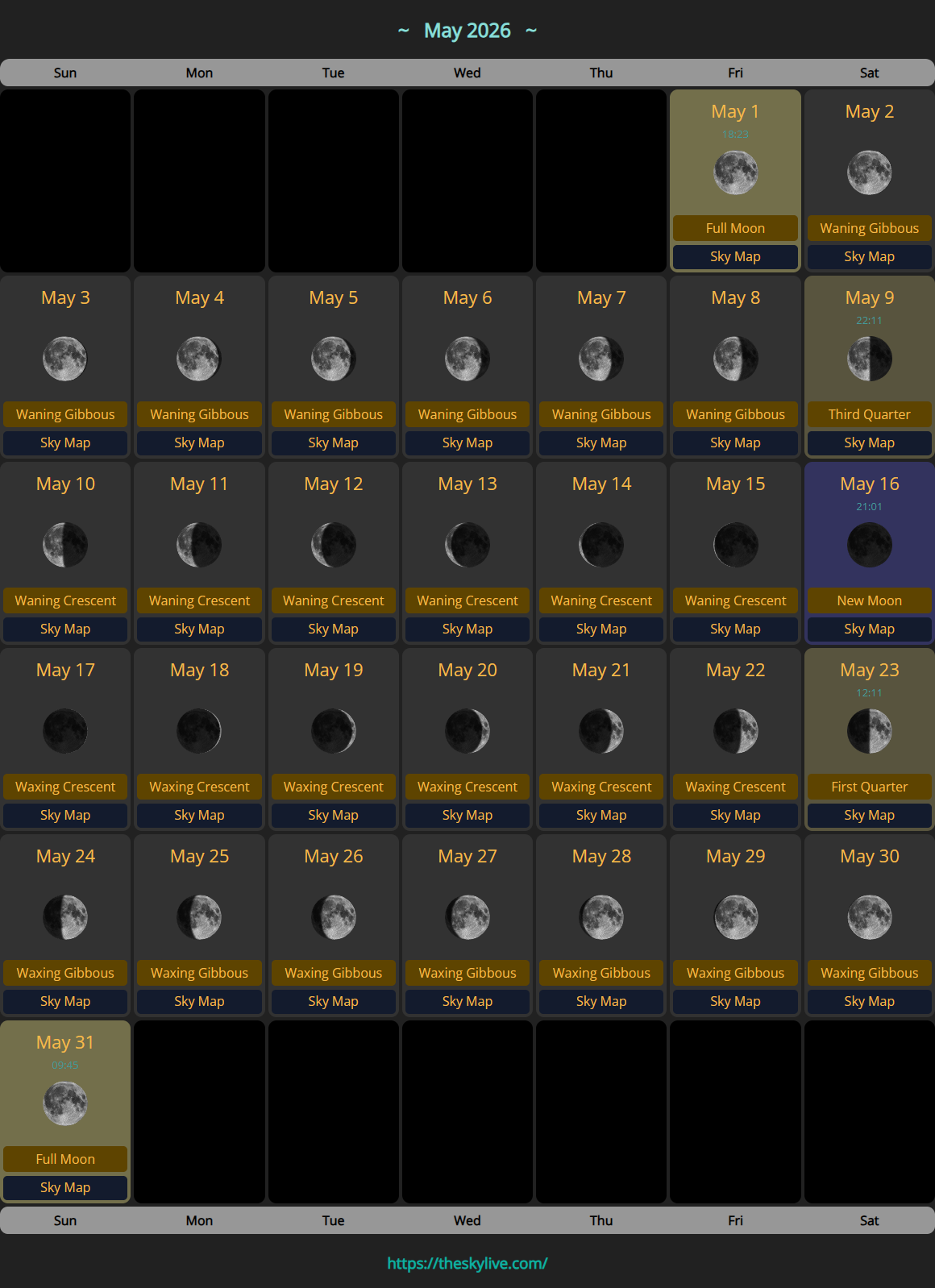 Moon Calendar: May 2026 | TheSkyLive