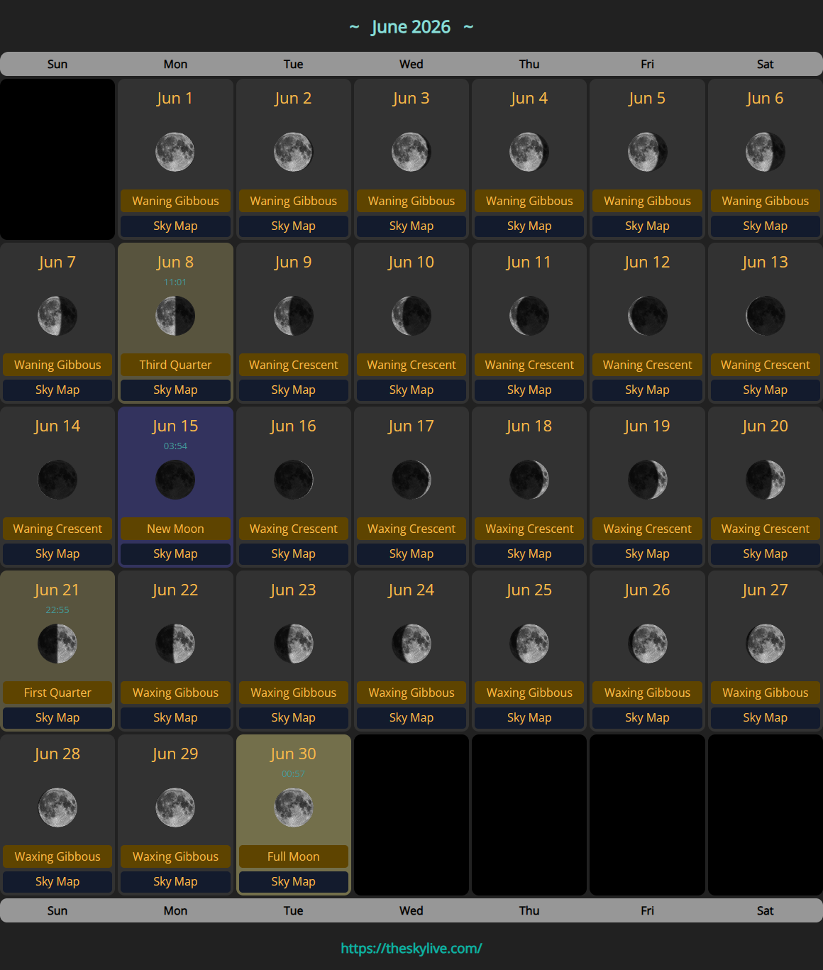Calendario lunar: junio 2026 | TheSkyLive