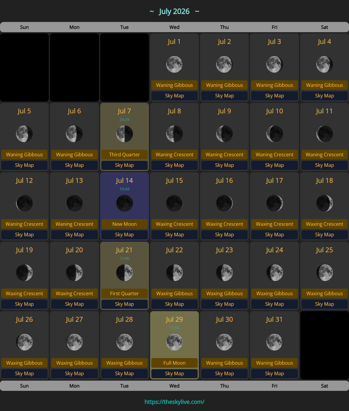 Moon Calendar: July 2026 | TheSkyLive
