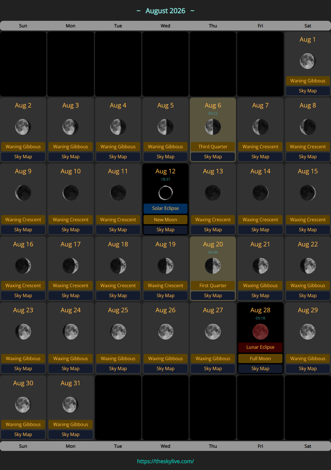 Moon Calendar: August 2026 | TheSkyLive