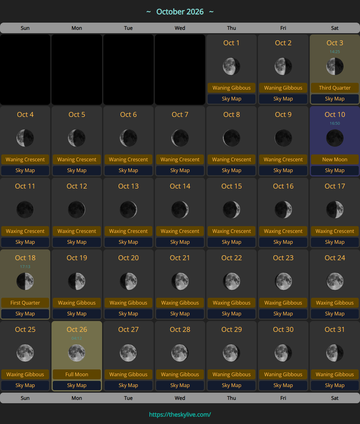 Moon Calendar: October 2026 | TheSkyLive