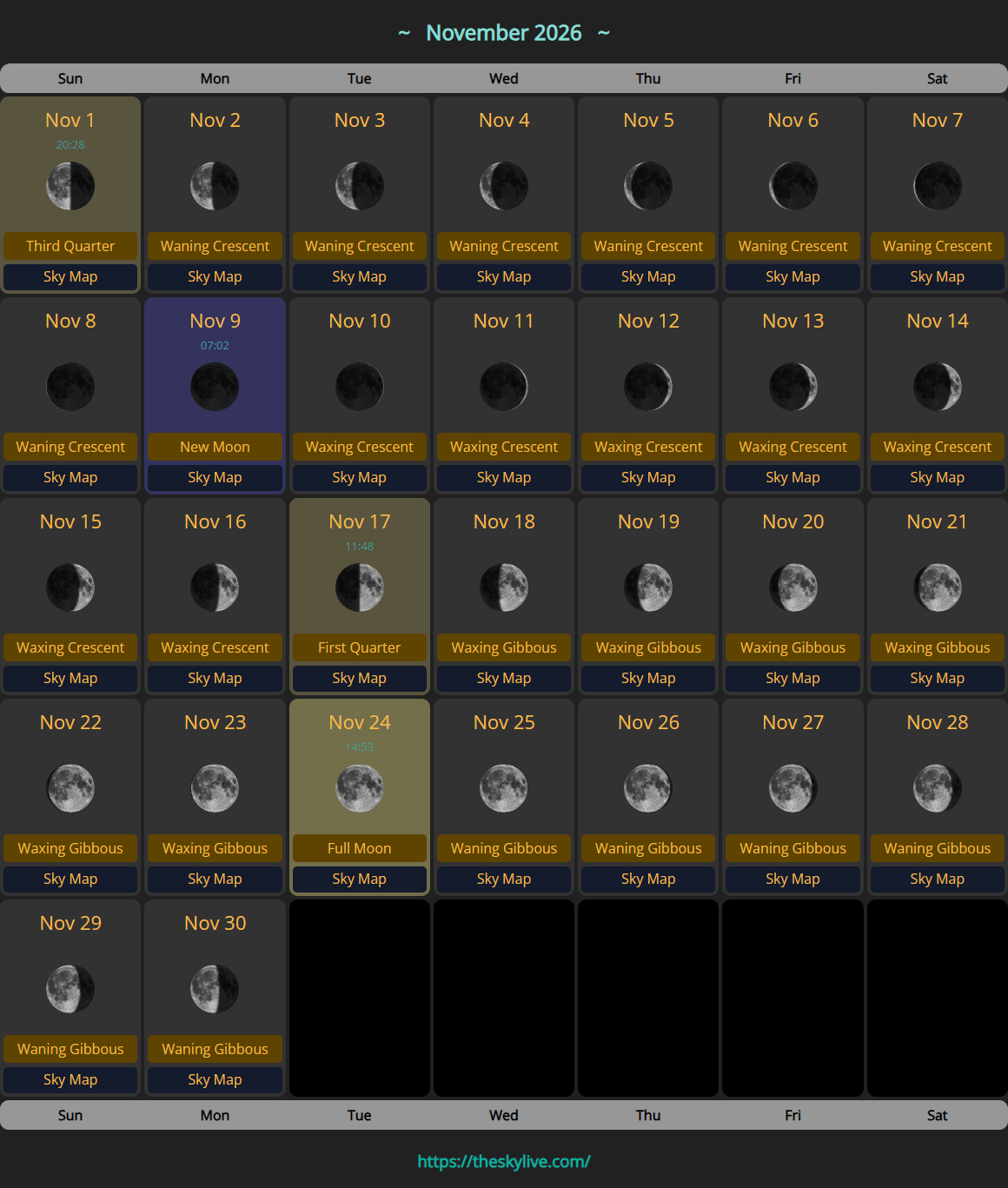 Moon Calendar: November 2026 | TheSkyLive