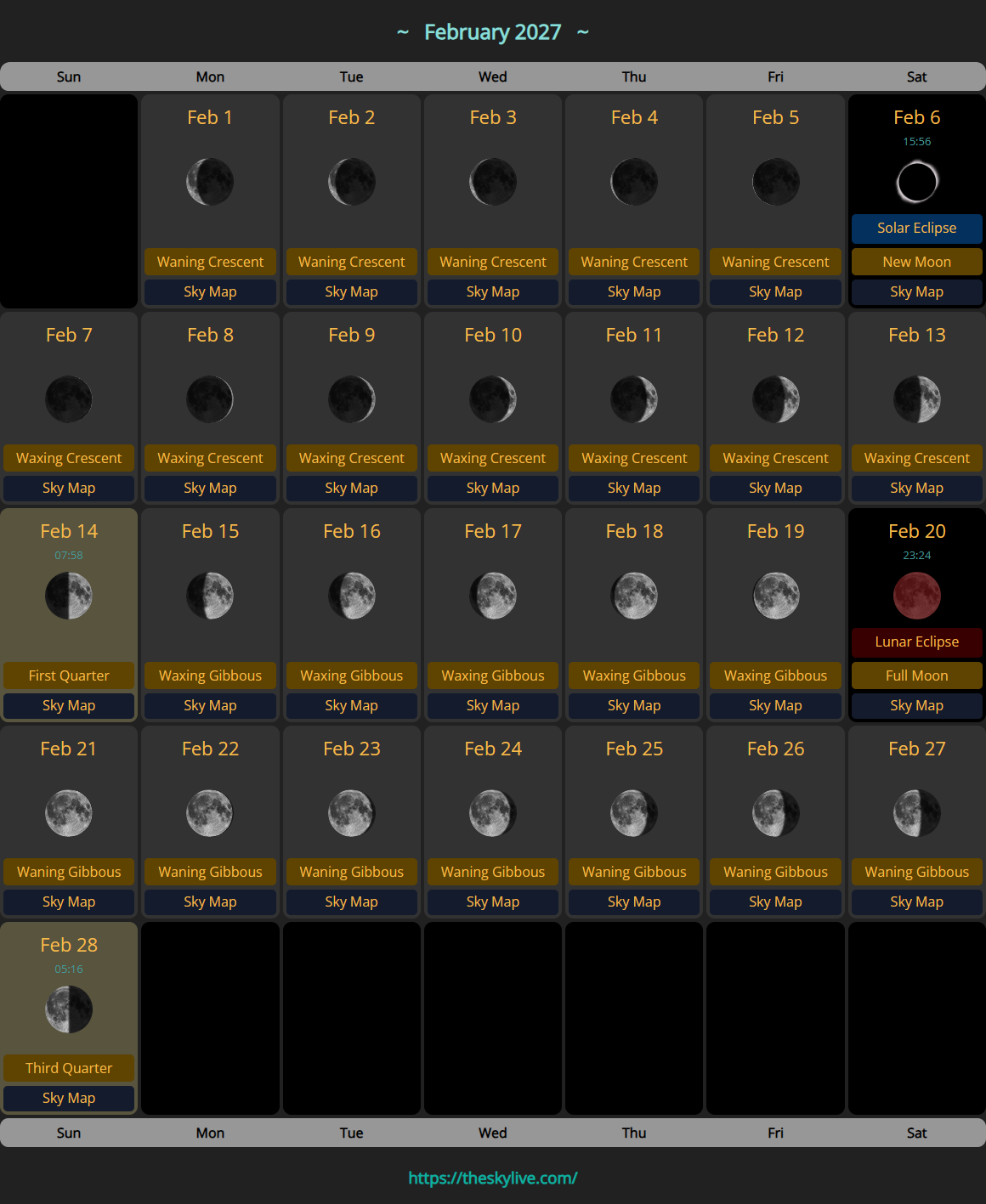 Moon Calendar: February 2027 | TheSkyLive
