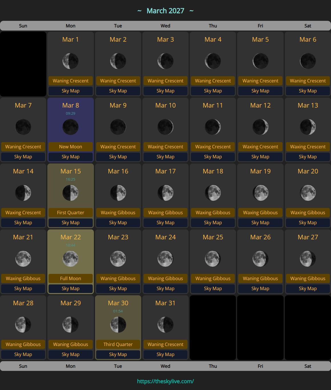 Moon Calendar: March 2027 | TheSkyLive