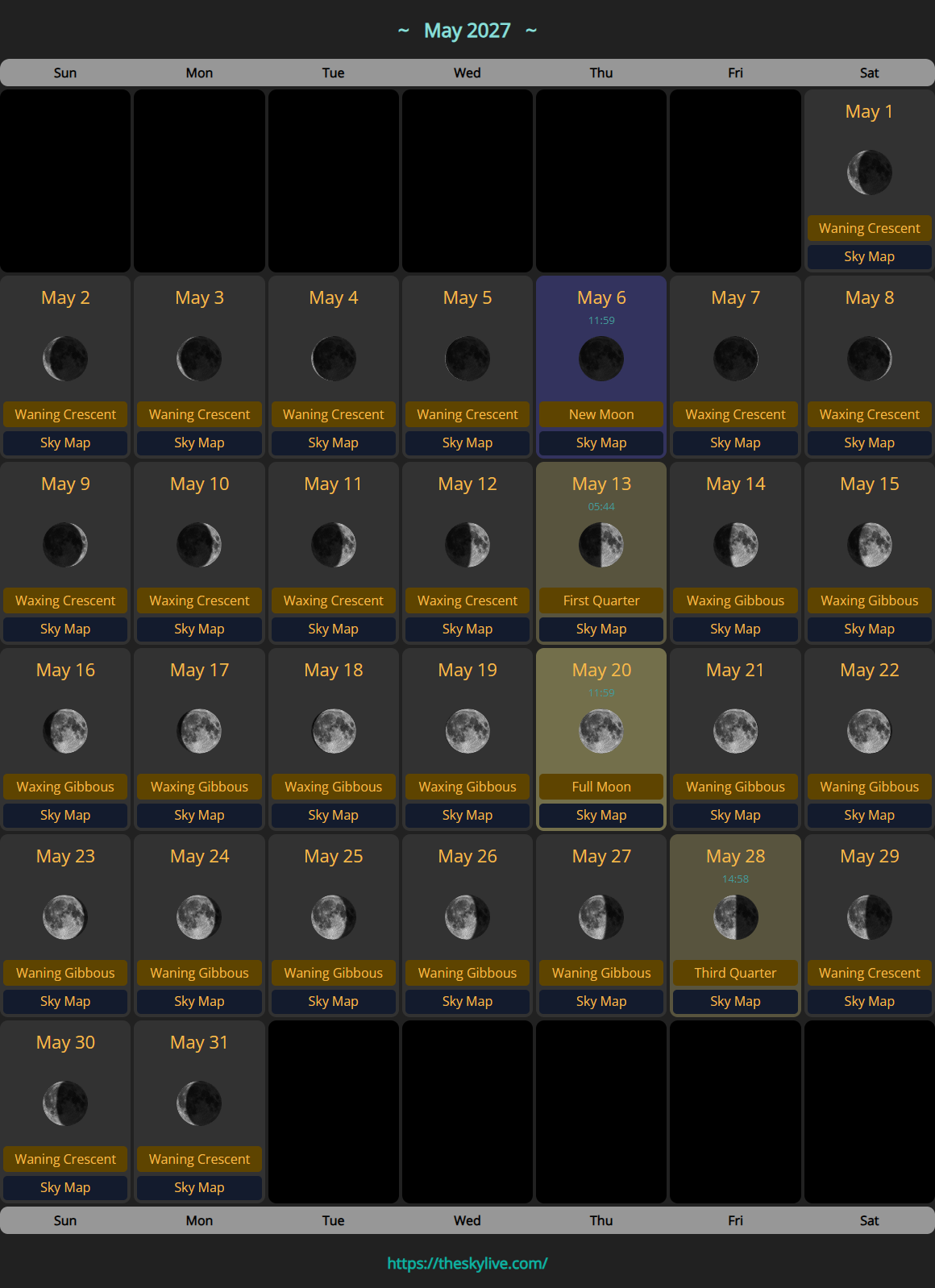 Moon Calendar: May 2027 | TheSkyLive