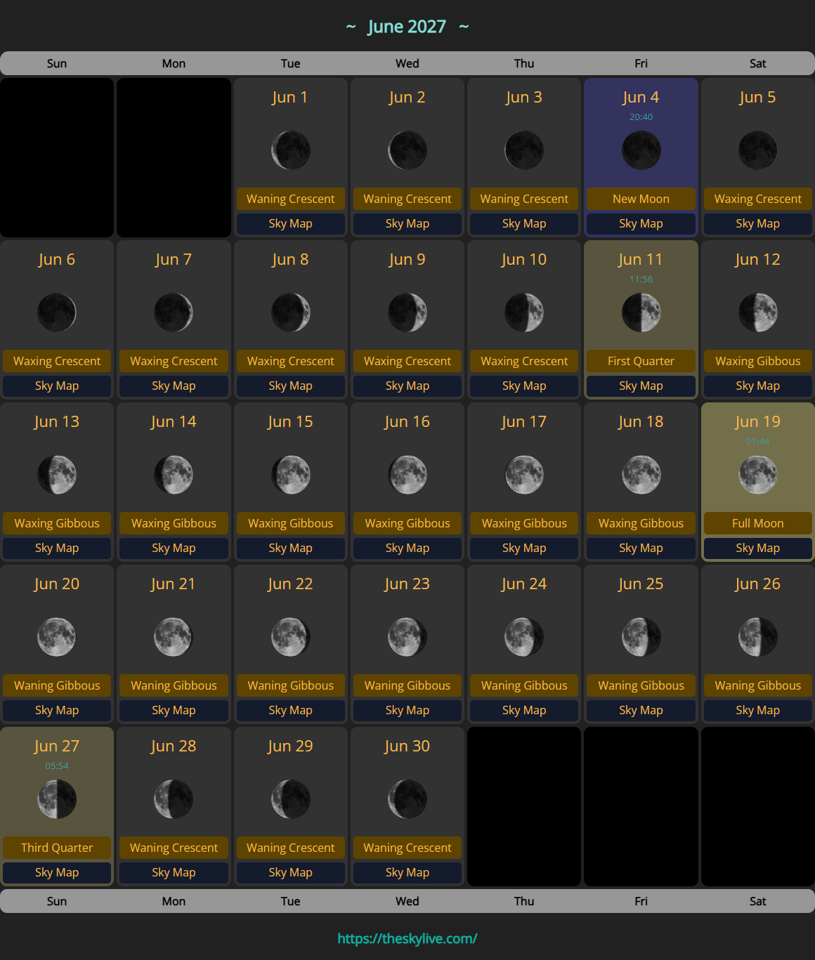 Moon Calendar: June 2027 | TheSkyLive