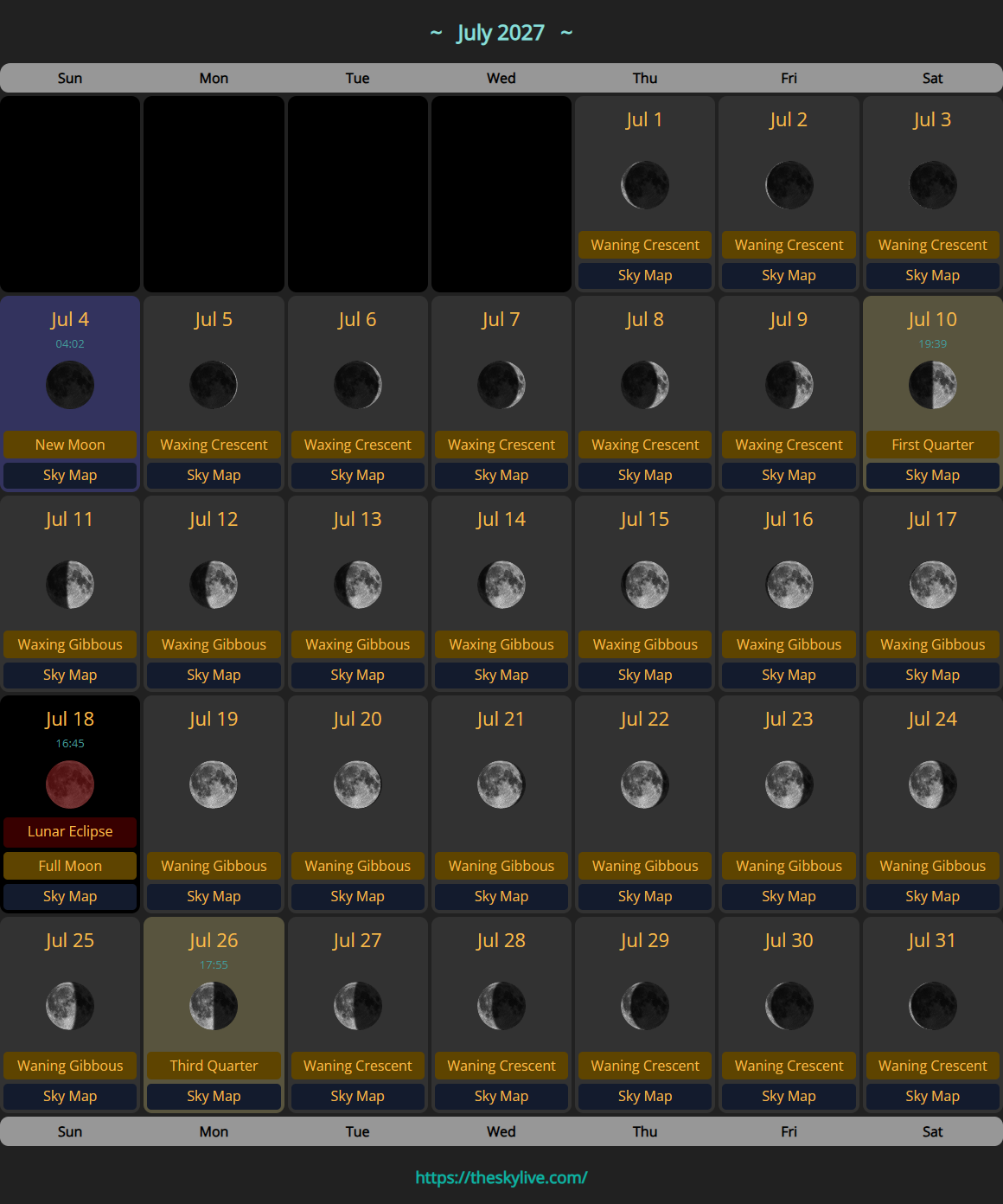 Moon Calendar: July 2027  Catalina Sky Survey