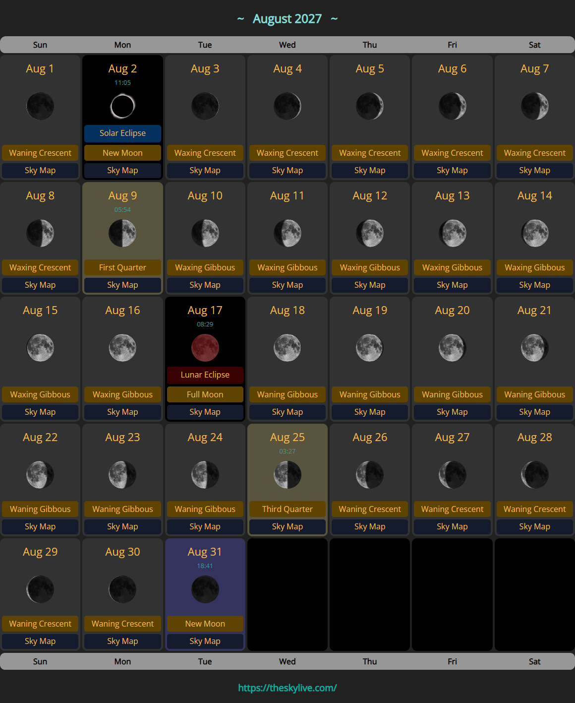 Moon Calendar: August 2027  Warwick's