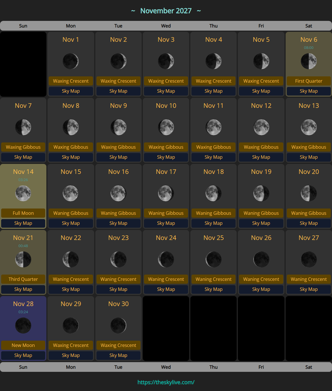 Moon Calendar: November 2027 | TheSkyLive