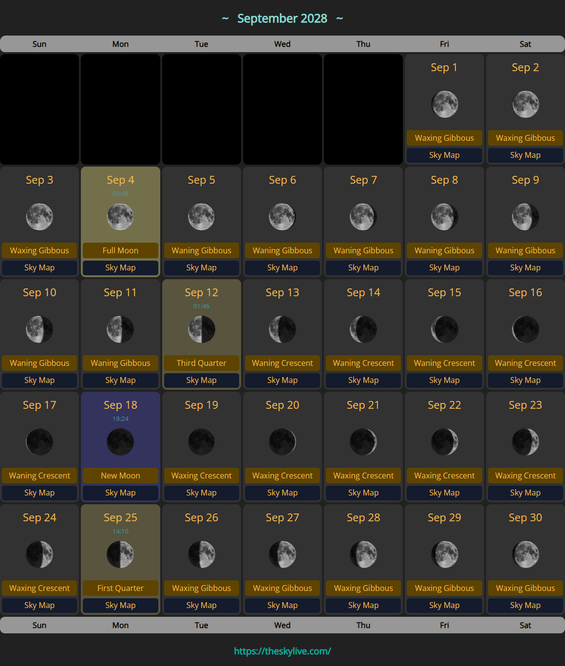 Moon Calendar: September 2028 | TheSkyLive