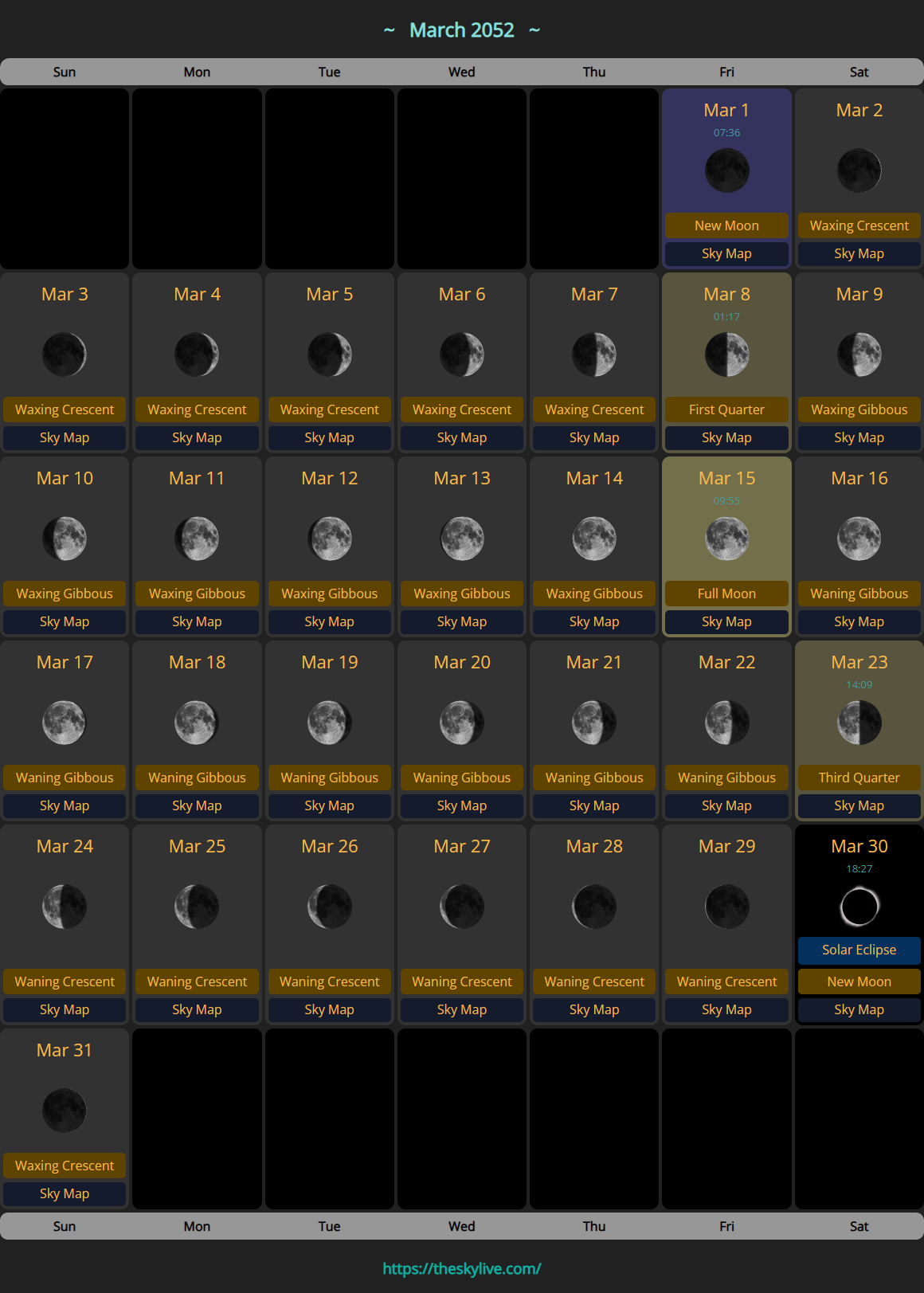 Moon Calendar: March 2052 | TheSkyLive