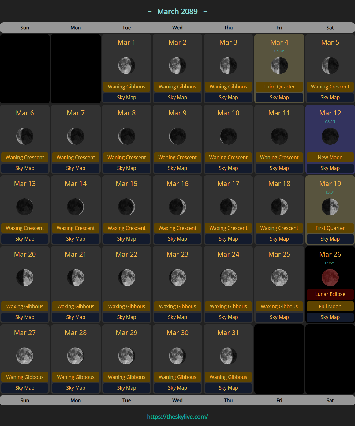 その他 moom Moon Calendar: March 2089 | TheSkyLive